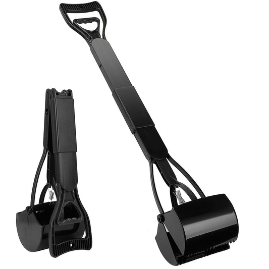 Black foldable long-handle pooper scooper shown folded and partly open with serrated claw