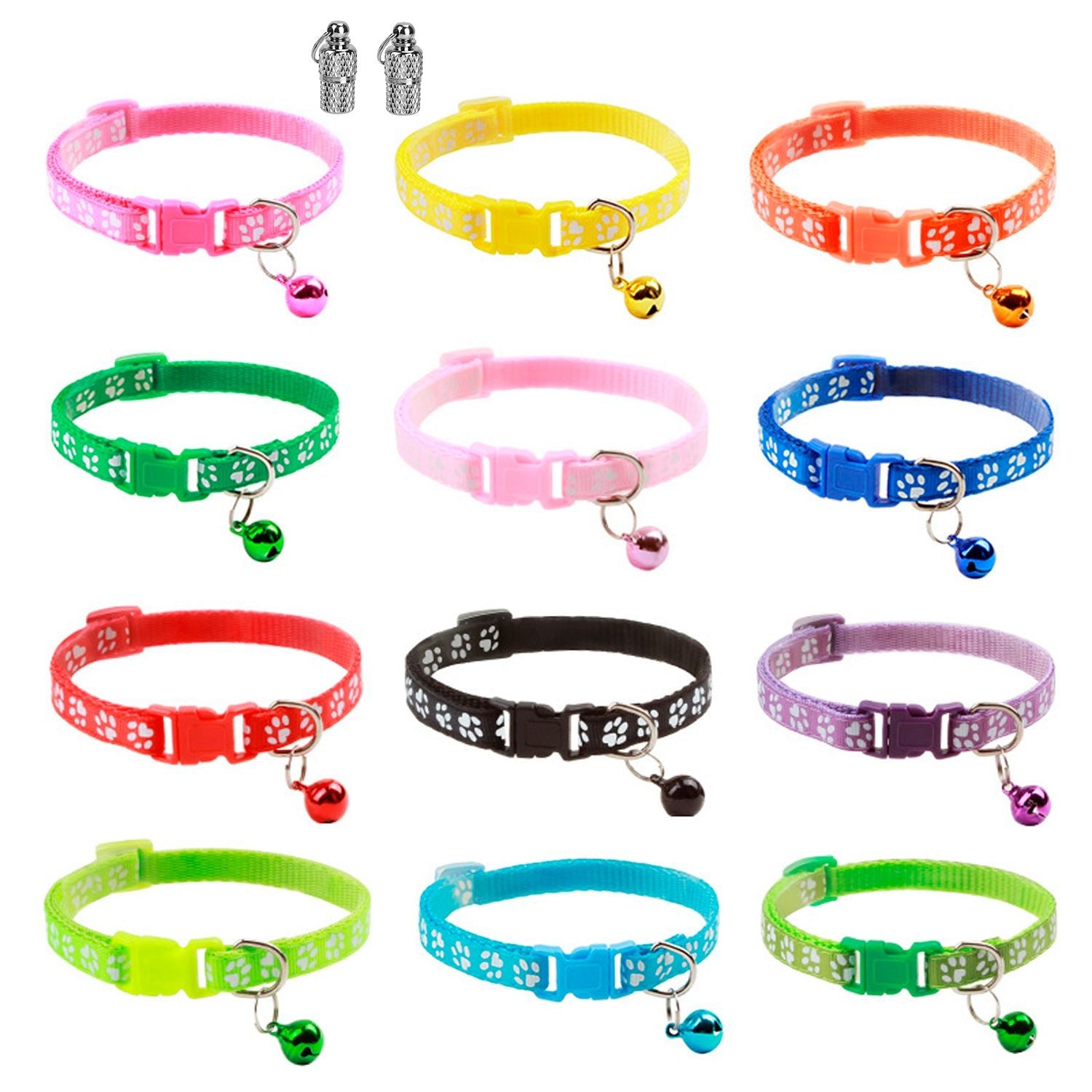 Grid display of twelve paw-print collars in assorted colors each with a bell
