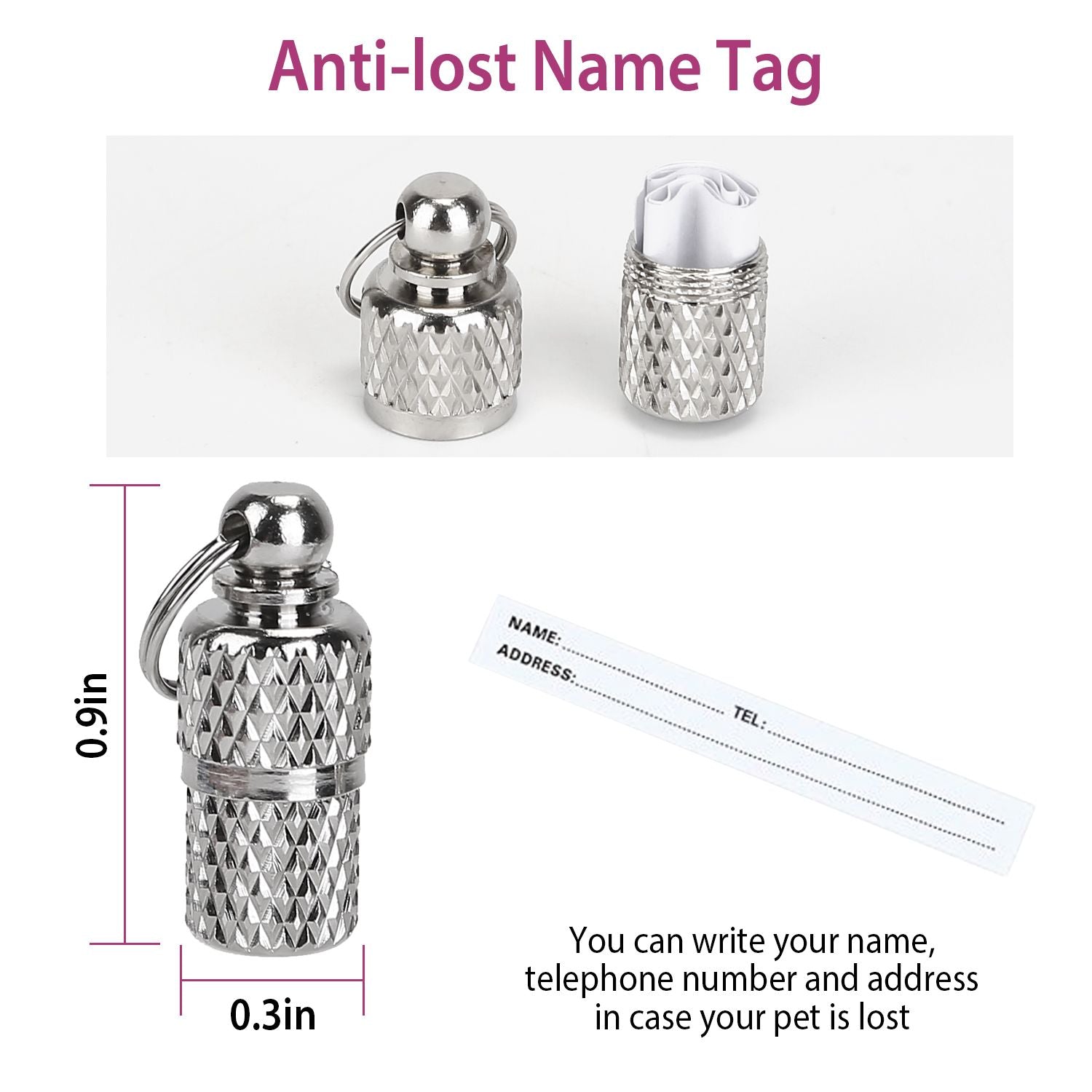 Metal anti-lost name-tag capsule with removable paper insert and dimensions