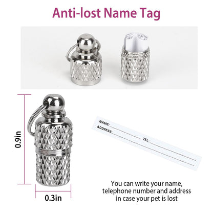 Metal anti-lost name-tag capsule with removable paper insert and dimensions