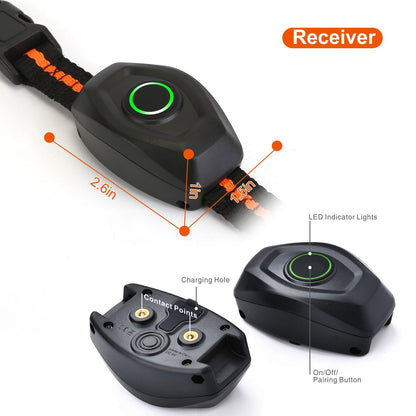 compact collar receiver 2.6x1.5x1in showing contact points, charging hole and LED pairing button