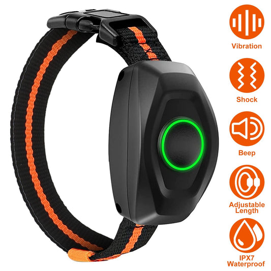 black ABS receiver with green LED ring on an orange-striped nylon training collar