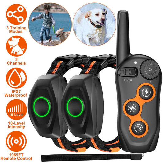 Remote transmitter with two black receiver collars featuring green LED rings and orange-accent straps