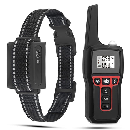 Studio image of remote transmitter and adjustable nylon collar showing LCD, buttons and reflective strap details