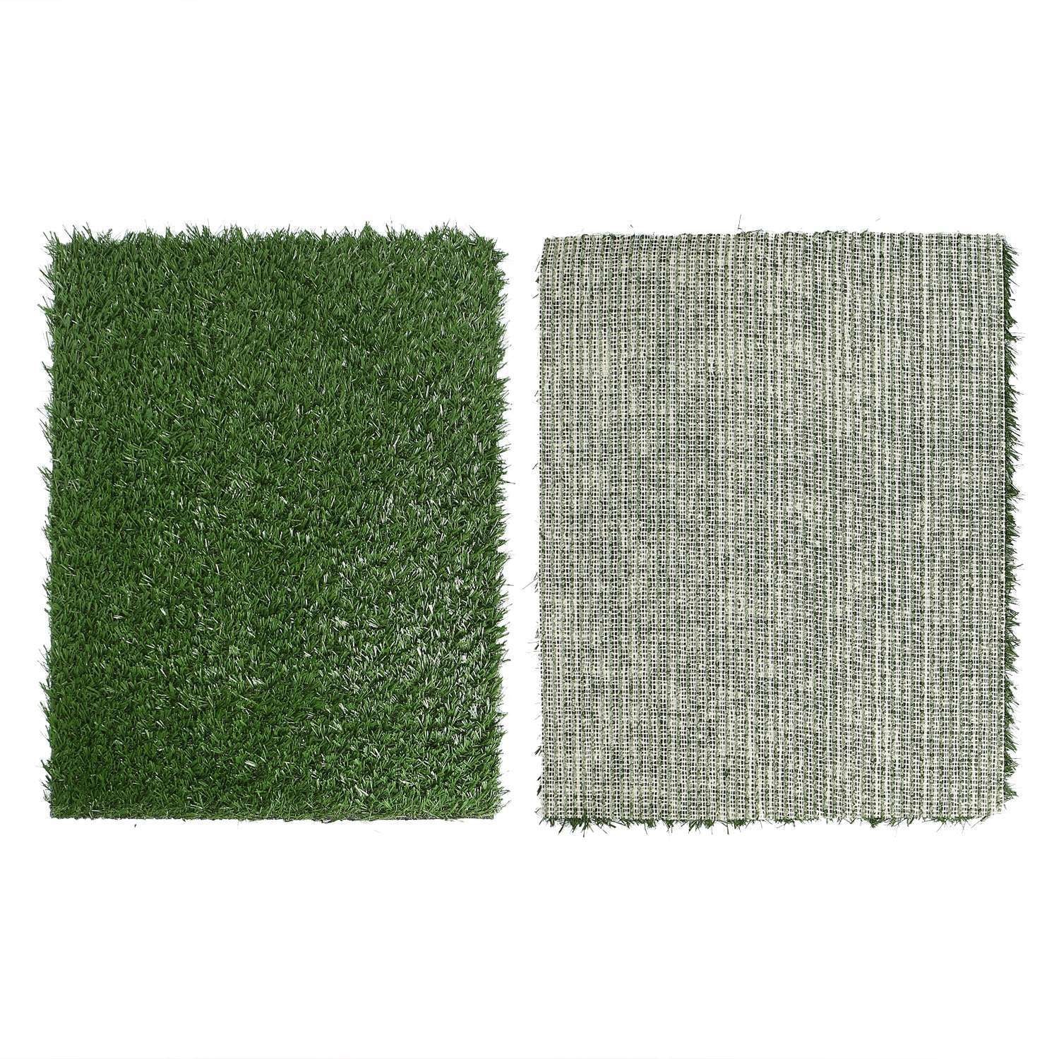 Top and underside views of turf mat showing dense blades and woven drainage backing
