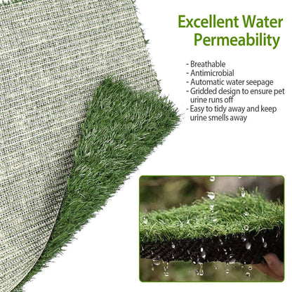 Underside of grass mat showing gridded backing with water draining to demonstrate permeability