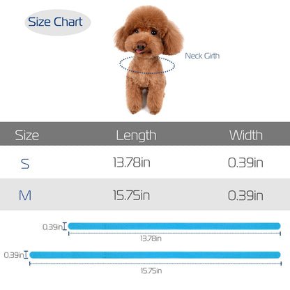 Size chart for puppy ID collars showing S 13.78in and M 15.75in lengths and 0.39in width