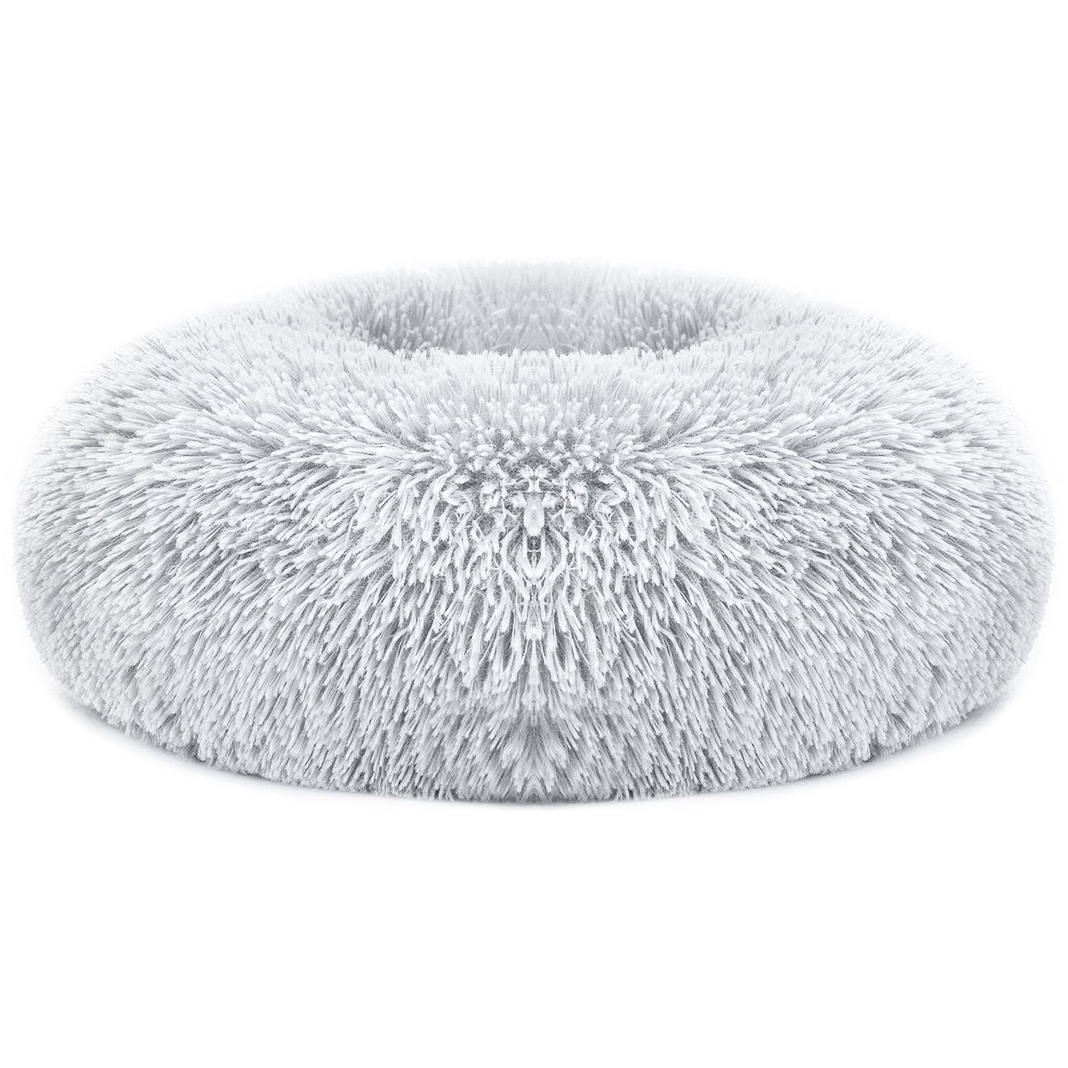 Light grey round plush donut pet bed with raised rim