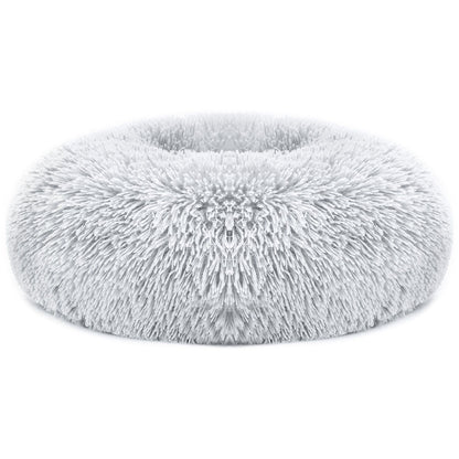 Light grey round plush donut pet bed with raised rim