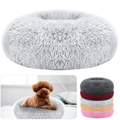 Grey donut bed with inset of dog and stacked color options showing plush texture