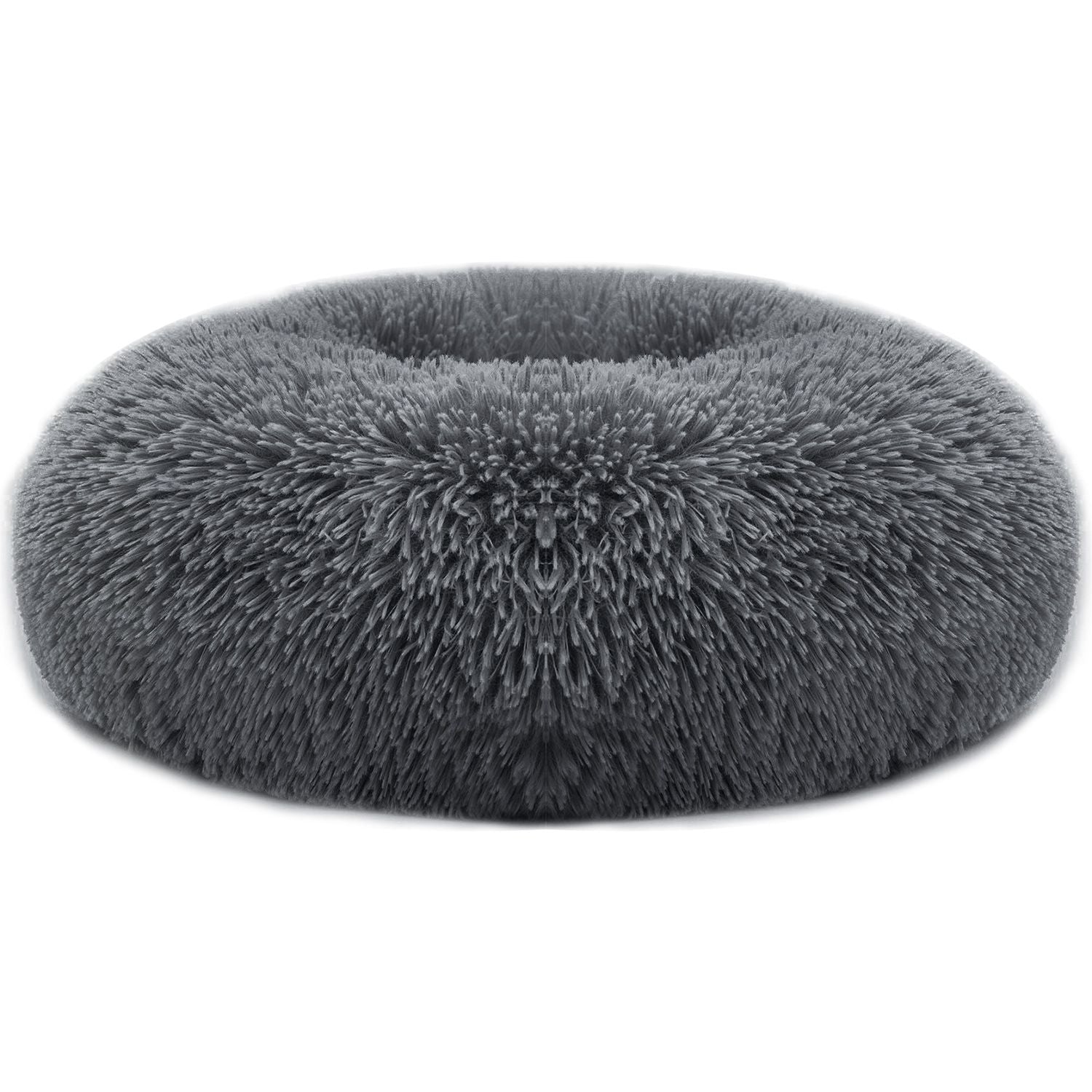 Dark grey round plush donut pet bed with fluffy surface and bolstered edge