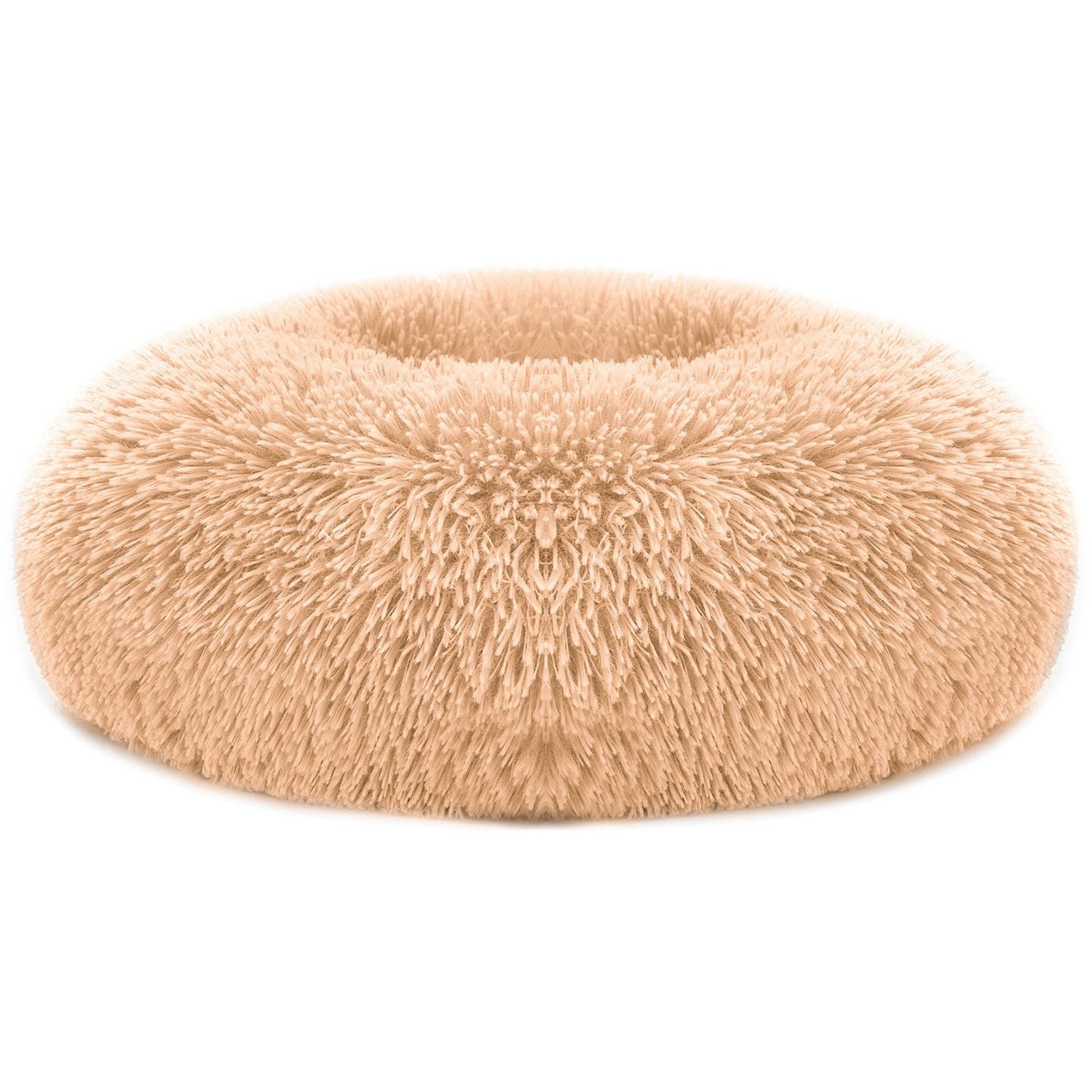 Apricot beige round plush donut pet bed with raised rim on white background