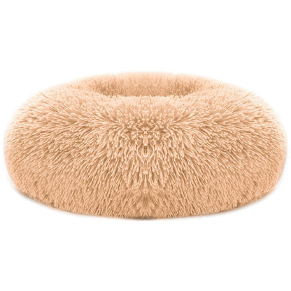 Apricot beige round plush donut pet bed with raised rim on white background