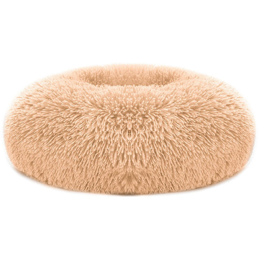Apricot beige round plush donut pet bed with raised rim on white background