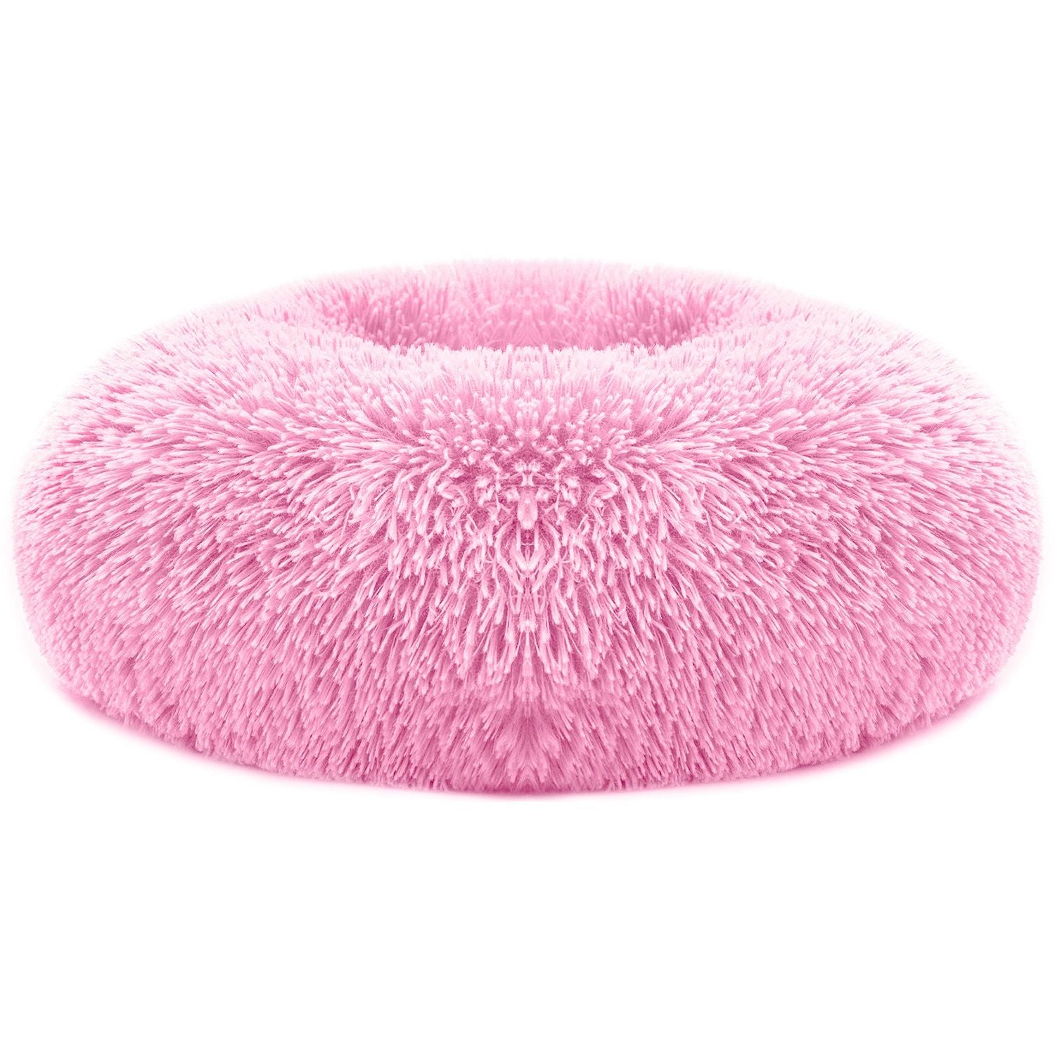 Pink round plush donut pet bed with raised bolstered rim
