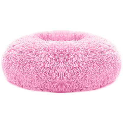 Pink round plush donut pet bed with raised bolstered rim