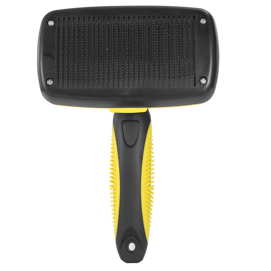 Top view of yellow slicker brush with dense black bristle pad