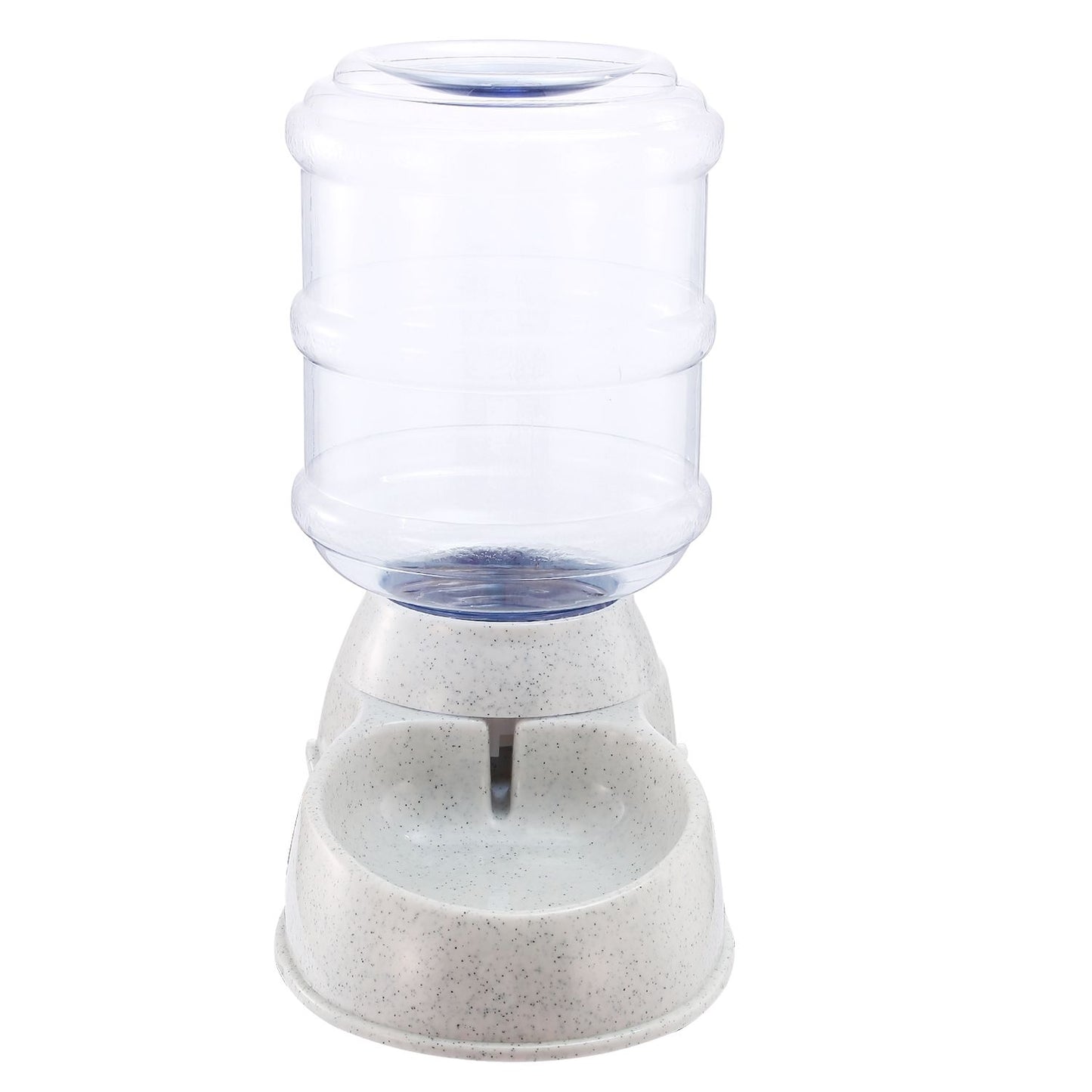 Front view of gravity pet water dispenser with clear reservoir and speckled single bowl
