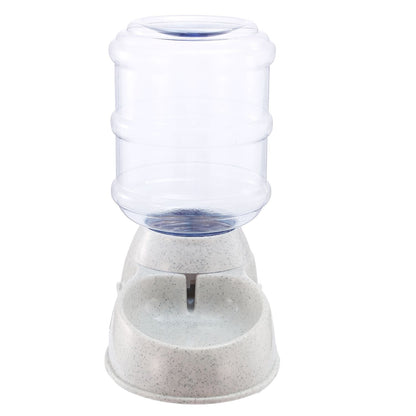 Front view of gravity pet water dispenser with clear reservoir and speckled single bowl