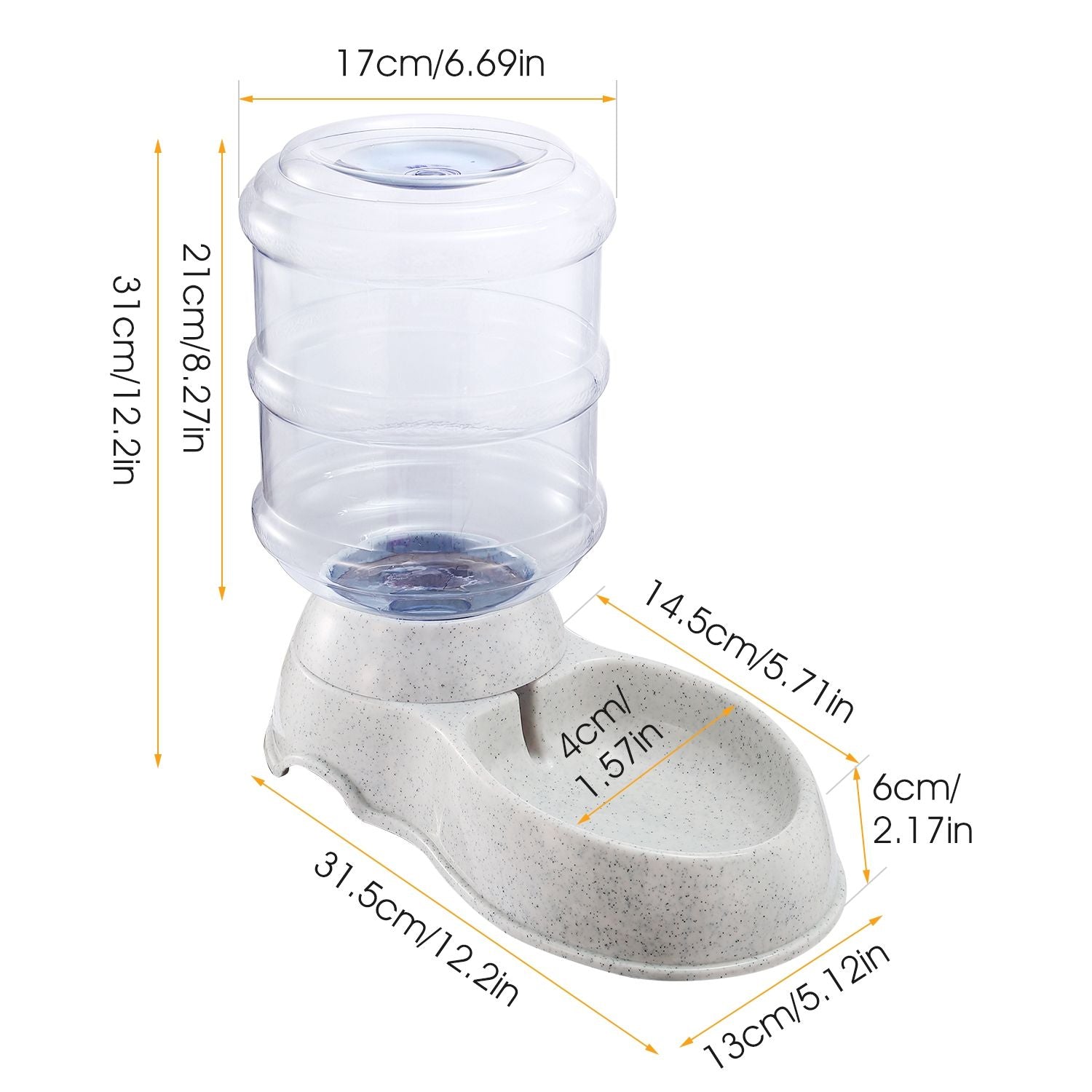 Dimension diagram of the pet water dispenser with length, width, and height measurements
