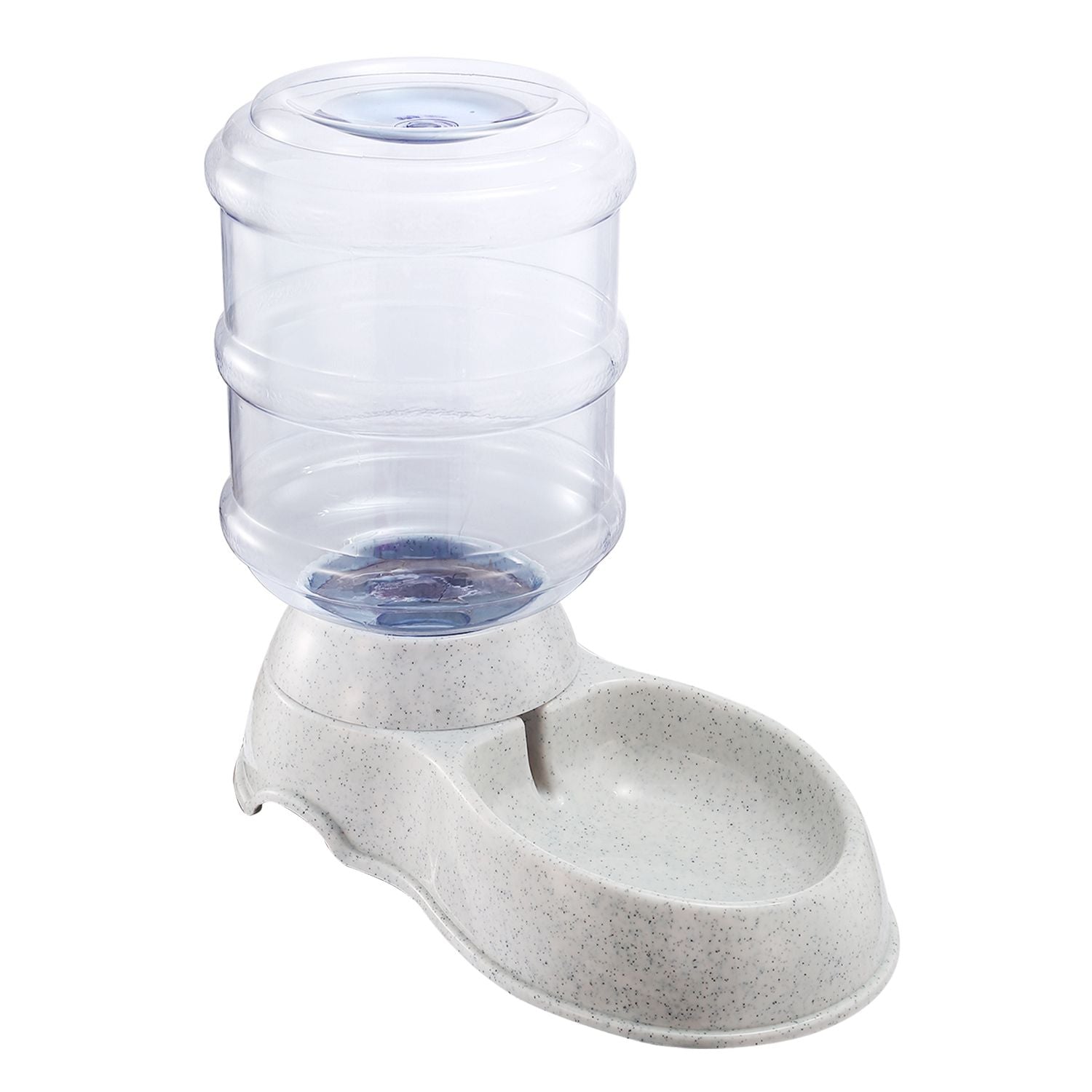 Front-left studio view of the pet water dispenser showing removable clear barrel and speckled base