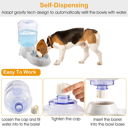 Dog drinking from gravity-fed pet water dispenser with step-by-step filling instructions shown