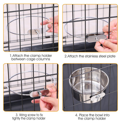 Four-step close-up assembly guide showing clamp holder, plate, screw tightening and placing the bowl on a cage