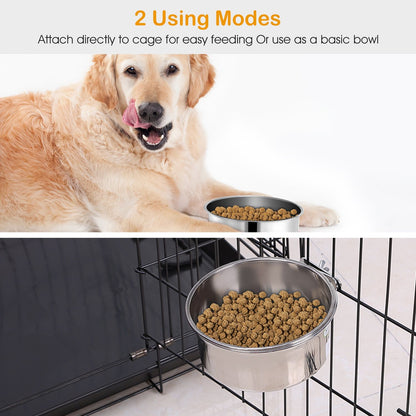 Stainless steel bowl shown in two modes: free-standing on floor and clamped to a pet crate