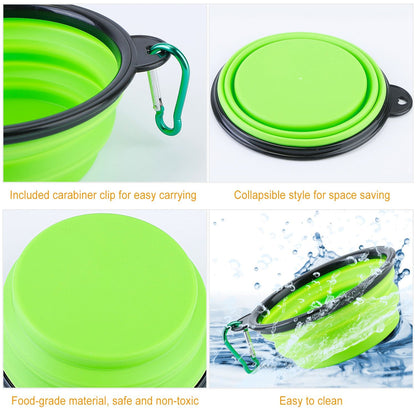 Close-up views of green collapsible silicone travel bowl with carabiner and flat collapsed profile