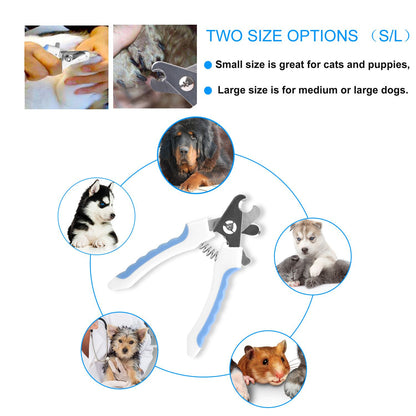 Size options infographic showing small and large clippers for cats, puppies and larger dogs