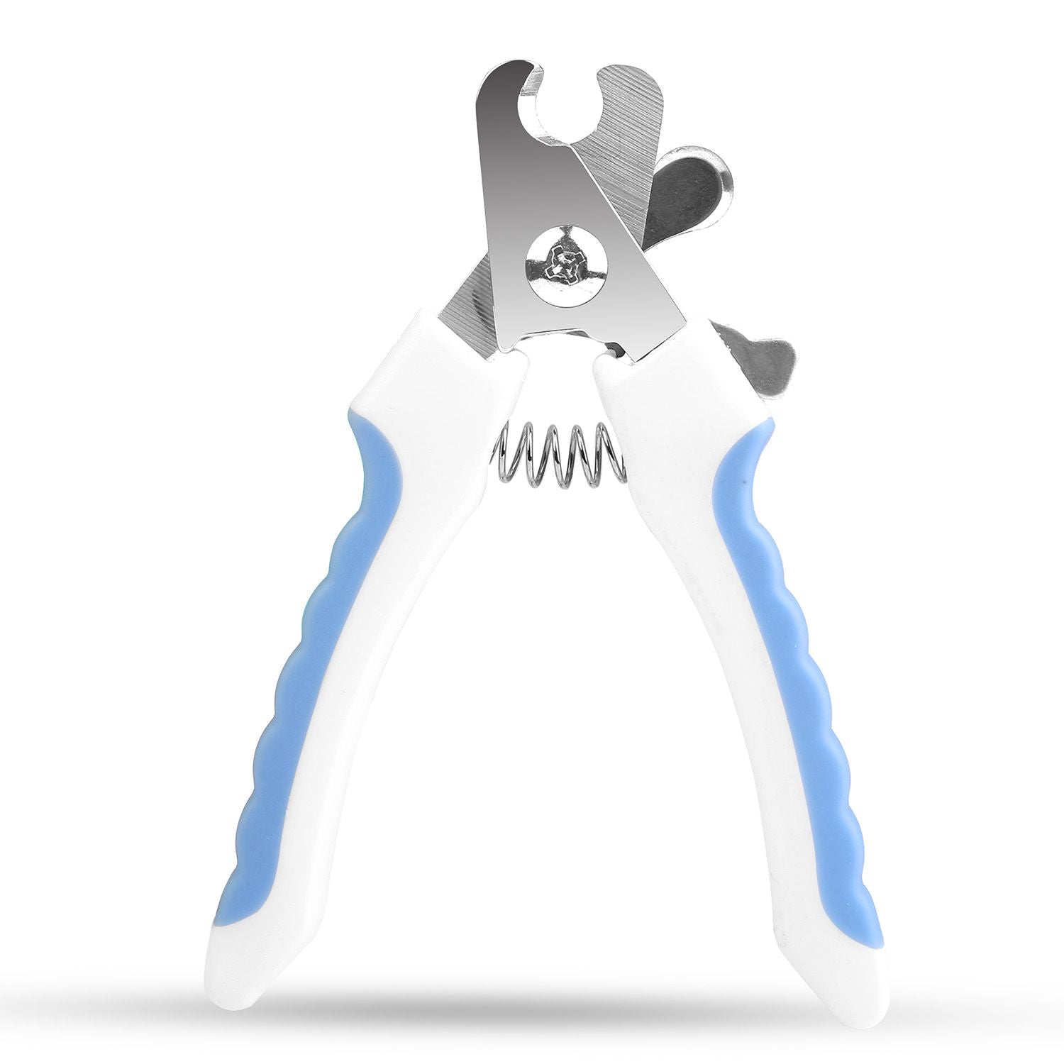 Blue and white pet nail clippers with stainless steel blades and spring on white background
