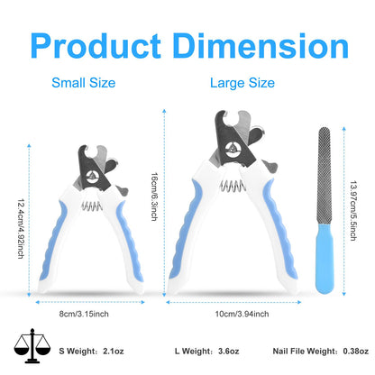 Product dimensions infographic showing small and large clipper sizes and nail file measurements