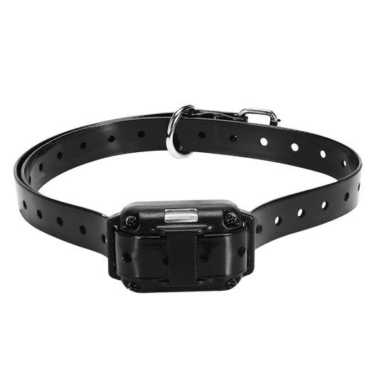 Black dog training collar receiver on adjustable black strap with metal buckle
