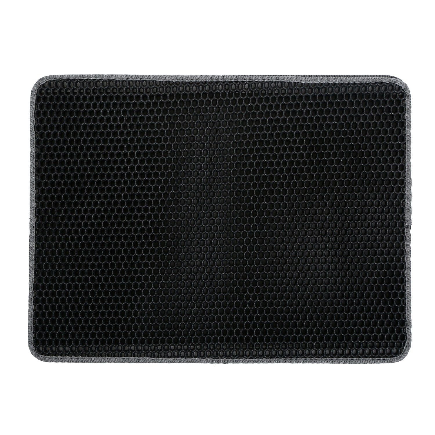 top-down view of rectangular black honeycomb cat litter mat with gray bound edges