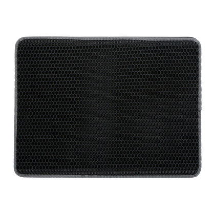 top-down view of rectangular black honeycomb cat litter mat with gray bound edges