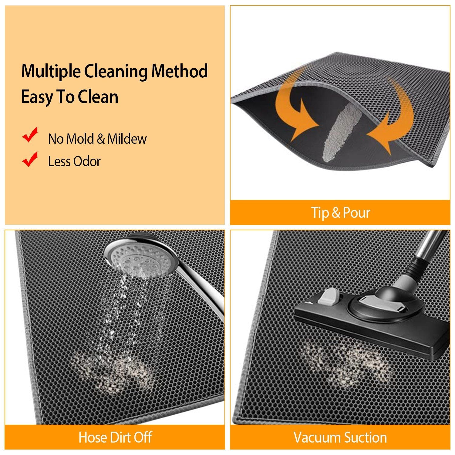 three-panel cleaning demo of mat with tip and pour rinse and vacuum options for maintenance