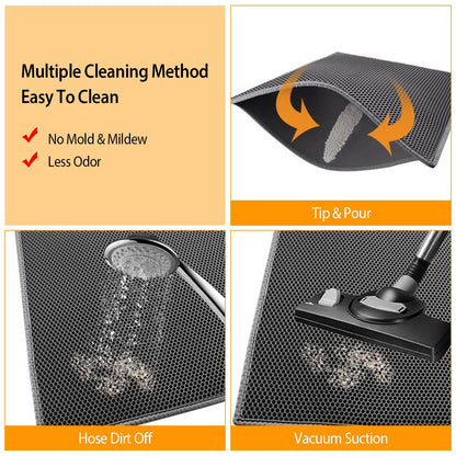 three-panel cleaning demo of mat with tip and pour rinse and vacuum options for maintenance