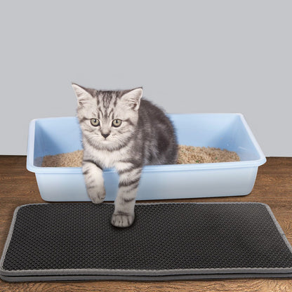 kitten in low litter box with black honeycomb mat placed outside the entrance on dark wood floor