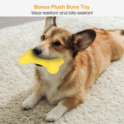 Yellow plush bone toy held by a corgi to show size and play use