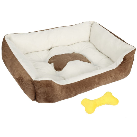 Brown and cream rectangular plush pet bed with central bone patch and yellow plush bone toy