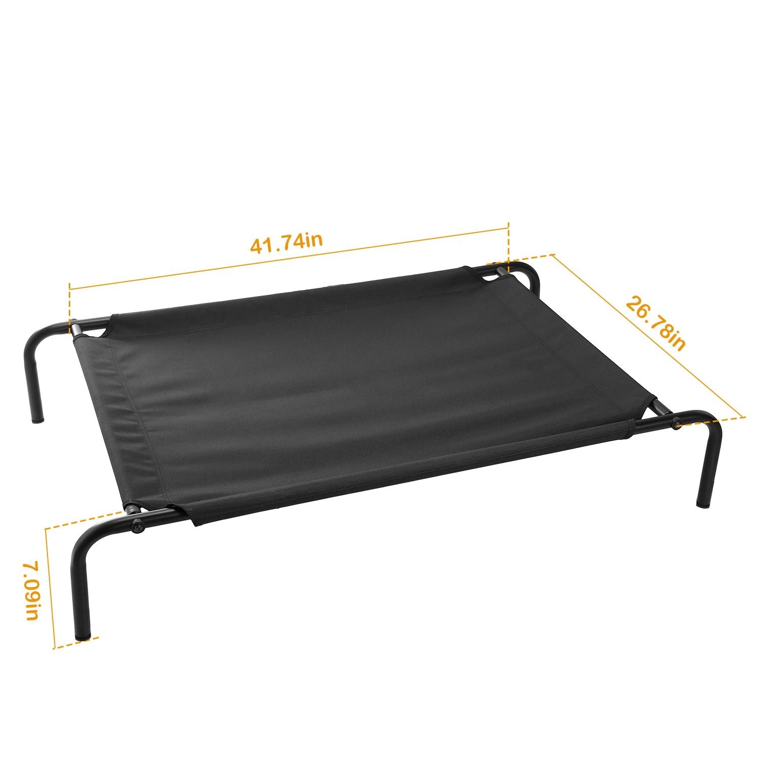 Elevated pet bed with size callouts 41.74in x 26.78in and 7.09in height