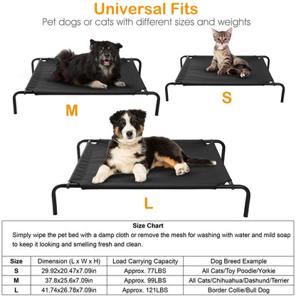Three sizes of the elevated pet bed shown with example pets and a size chart