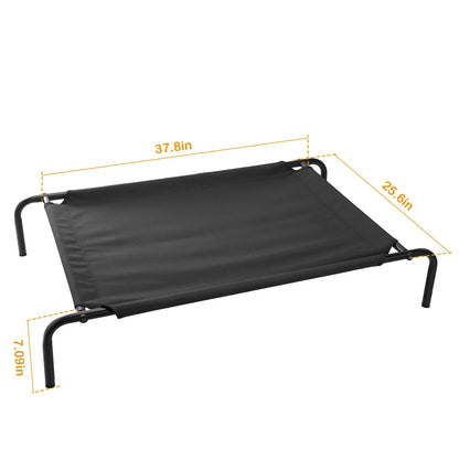 Black elevated pet bed with dimensions 37.8 x 25.6 inches and 7.09 inch height called out