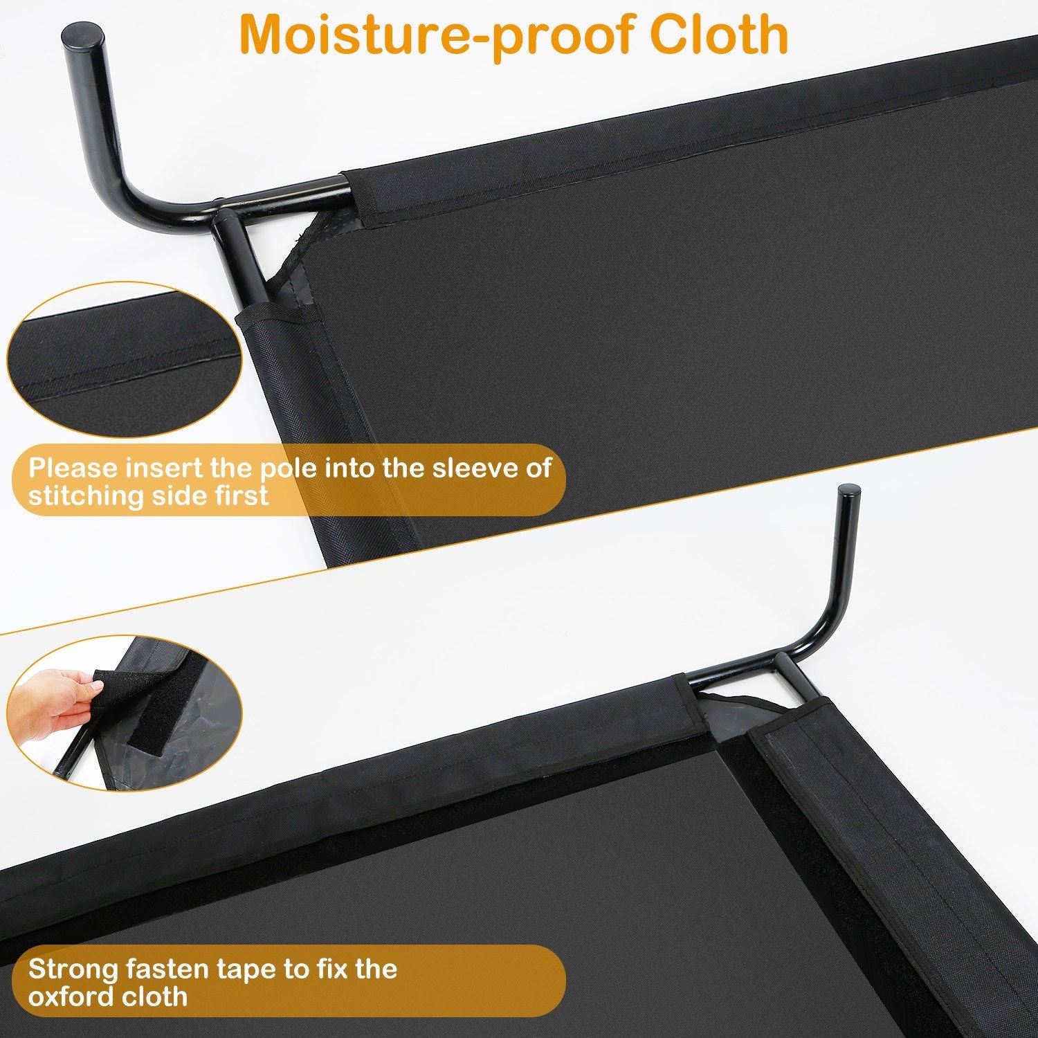 Edge close-up of oxford cloth sleeve and fastening tape showing how poles insert into the pet bed fabric