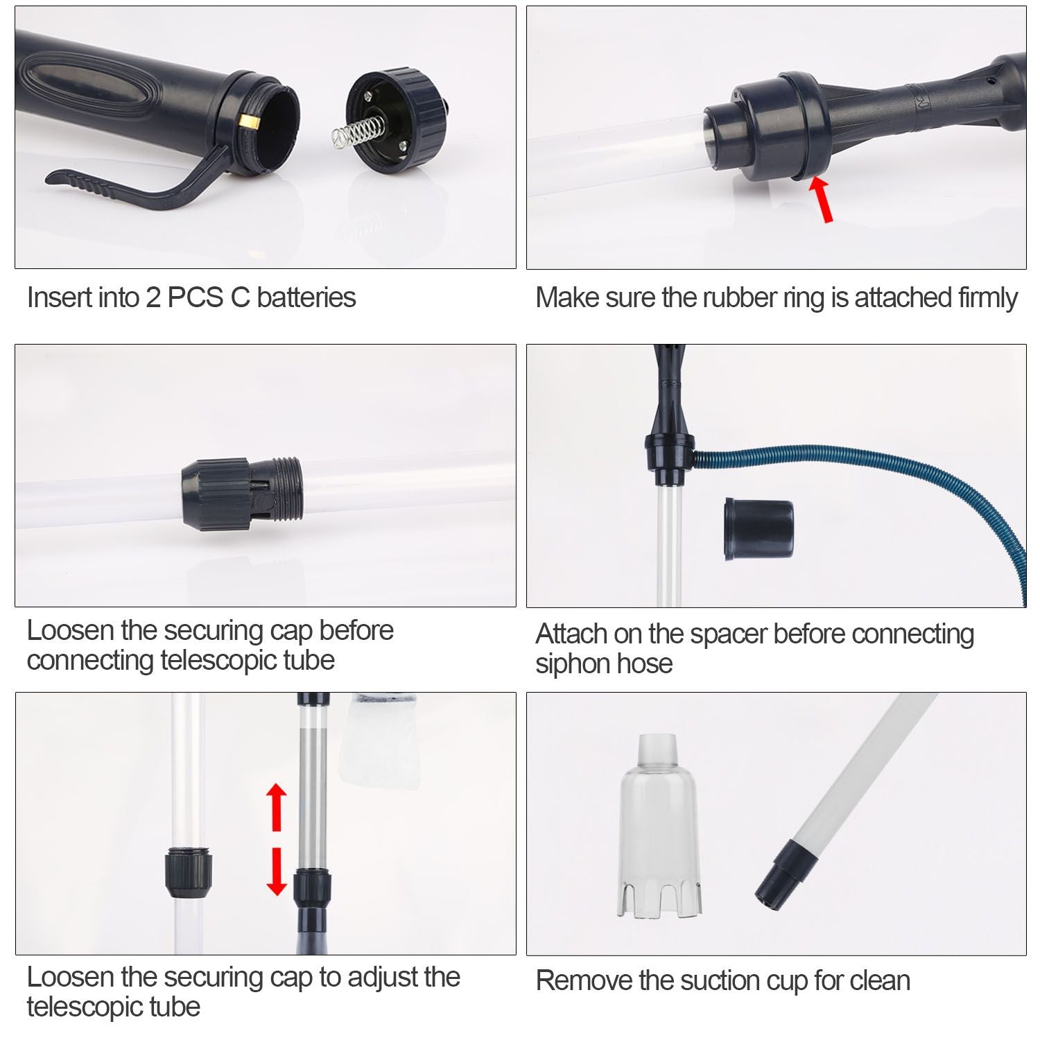 close-up assembly steps: battery cap, rubber ring, securing cap, spacer and removable suction cup