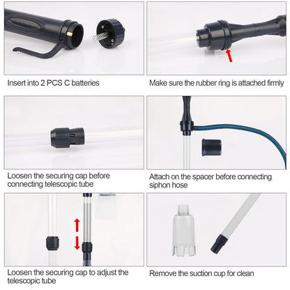 close-up assembly steps: battery cap, rubber ring, securing cap, spacer and removable suction cup