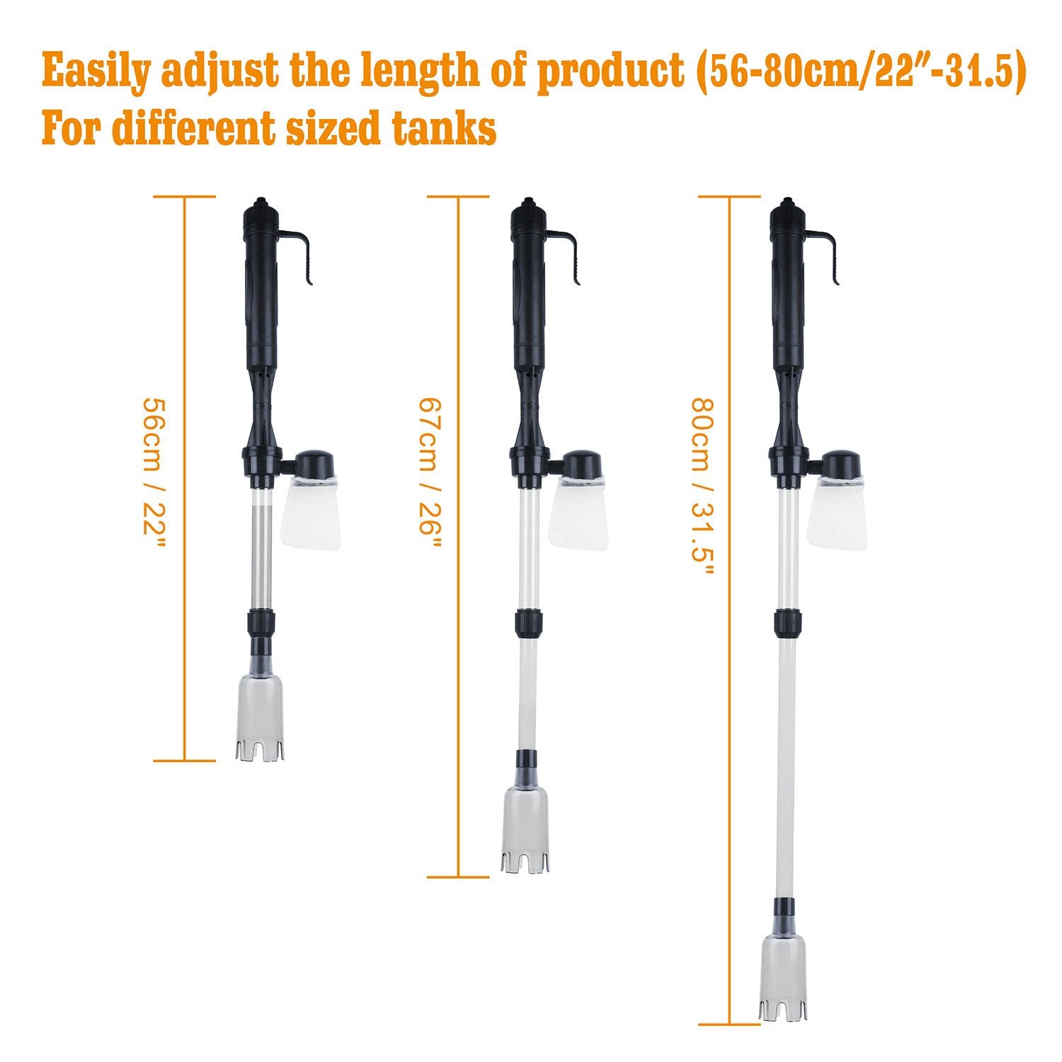 size chart showing gravel cleaner adjustable lengths at 56cm, 67cm and 80cm for different tank heights