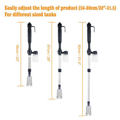 size chart showing gravel cleaner adjustable lengths at 56cm, 67cm and 80cm for different tank heights