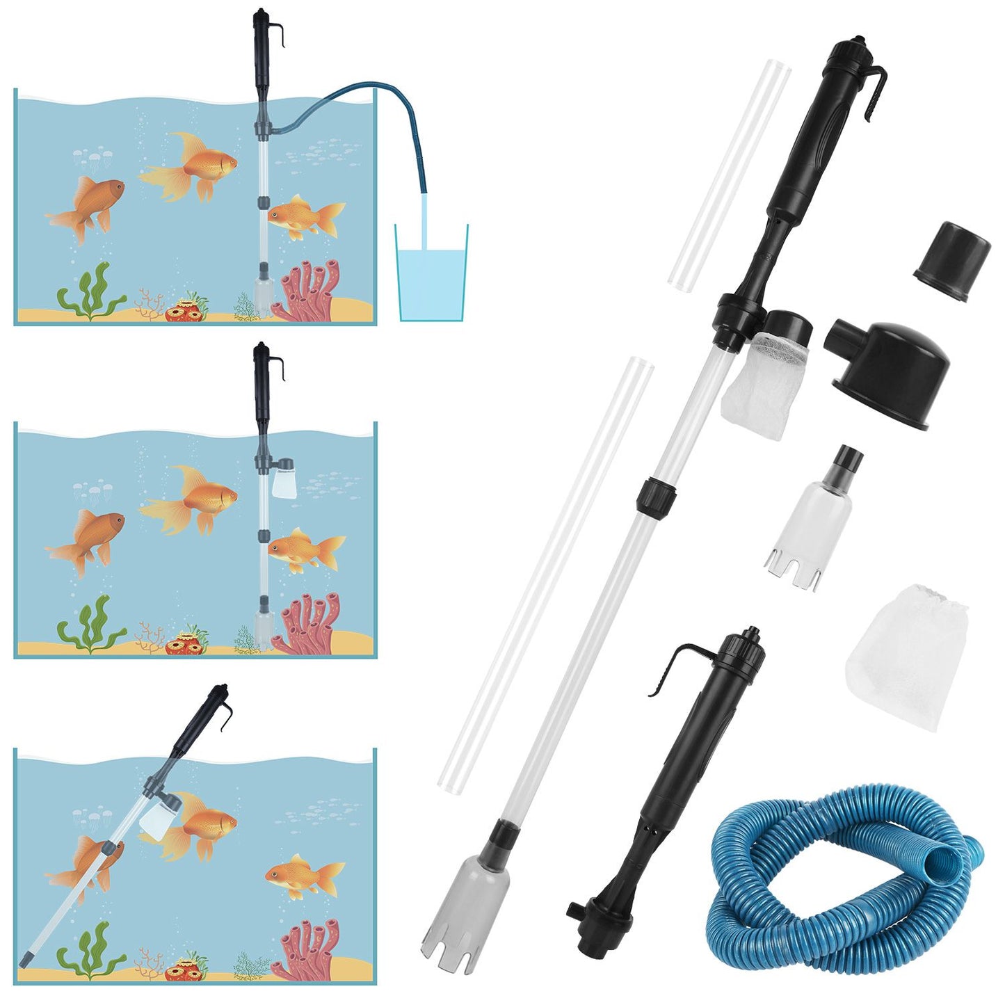 three-panel illustration showing gravel cleaner siphoning to bucket and filtering debris in aquarium