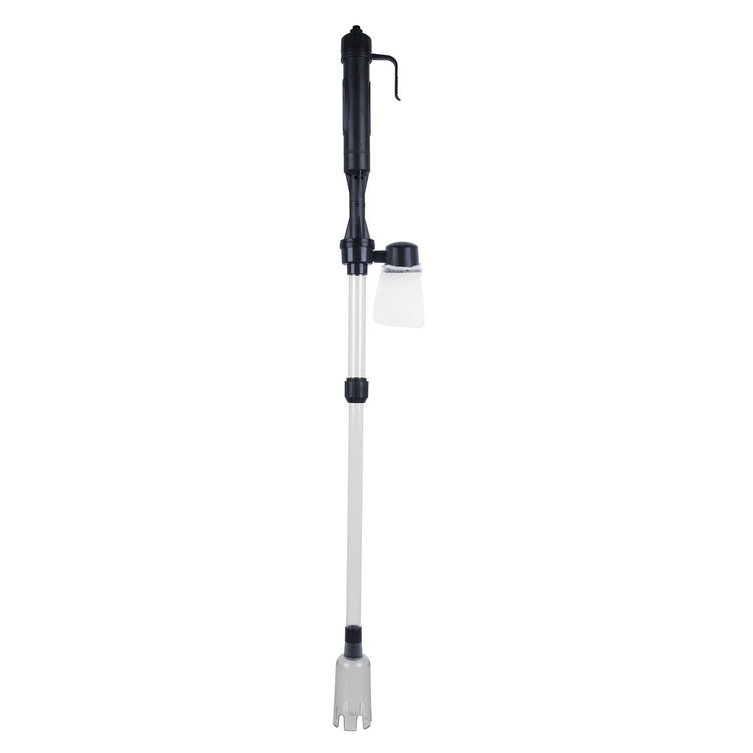 assembled aquarium gravel cleaner vertical on white background with handle, tube, and suction head